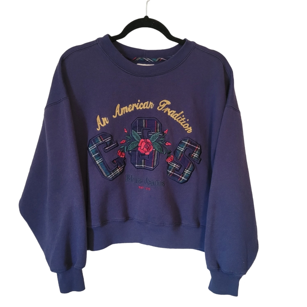 Vintage Jeanswear County Seat Crop Oversized Sweatshirt in Blue, Size Medium